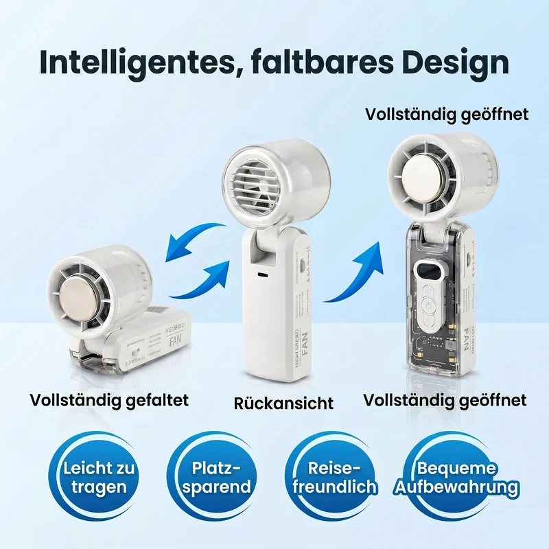 LIVMORE faltbarer Mini-Ventilator, LED-Licht, 1800mAh Akku, Weiß