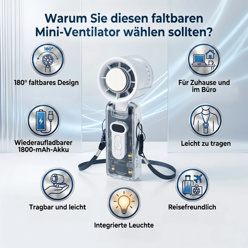 LIVMORE faltbarer Mini-Ventilator, LED-Licht, 1800mAh Akku, Weiß