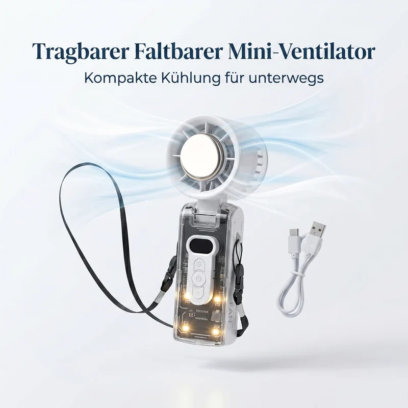 LIVMORE faltbarer Mini-Ventilator, LED-Licht, 1800mAh Akku, Weiß