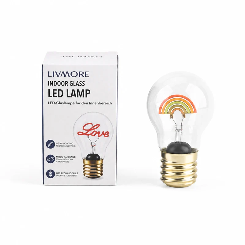LIVMORE LED-Dekoleuchte in Glühbirnenform mit Herzmotiv, USB-C-aufladbar, 6,5x12cm, Rosa