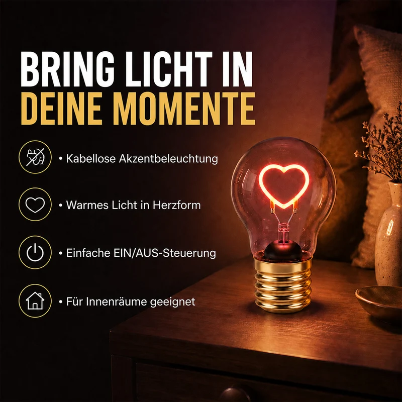 LIVMORE LED-Dekoleuchte in Glühbirnenform mit Herzmotiv, USB-C-aufladbar, 6,5x12cm, Rosa