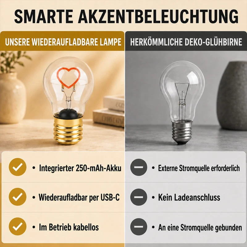 LIVMORE LED-Dekoleuchte in Glühbirnenform mit Herzmotiv, USB-C-aufladbar, 6,5x12cm, Rosa