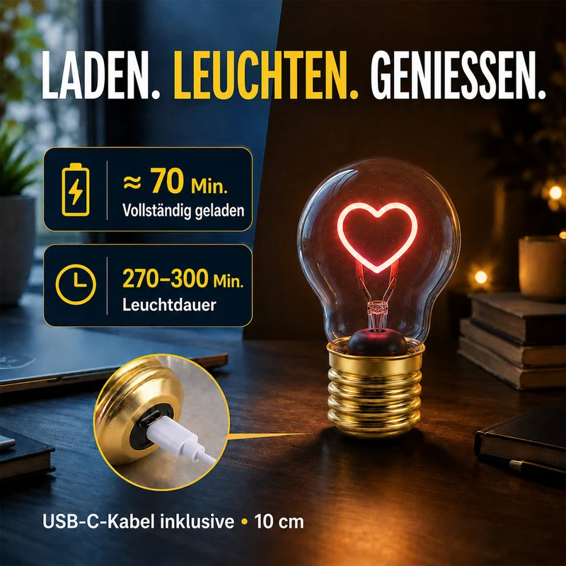 LIVMORE LED-Dekoleuchte in Glühbirnenform mit Herzmotiv, USB-C-aufladbar, 6,5x12cm, Rosa