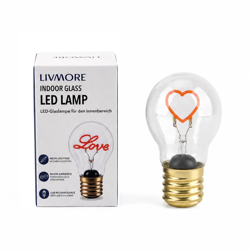 LIVMORE LED-Dekoleuchte in Glühbirnenform mit Herzmotiv, USB-C-aufladbar, 6,5x12cm, Rosa