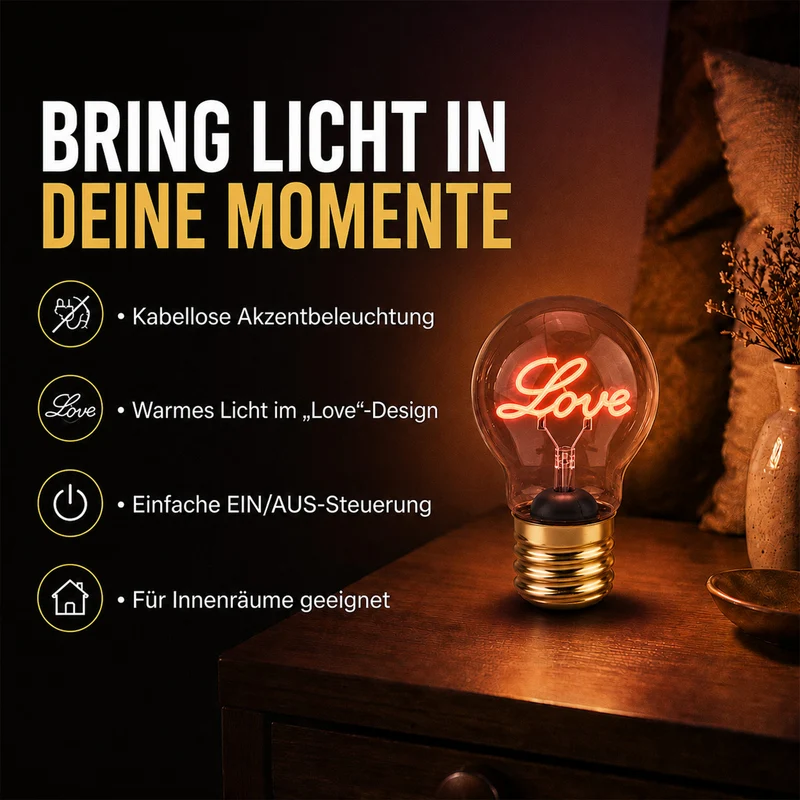 LIVMORE LED-Dekoleuchte in Glühbirnenform mit Herzmotiv, USB-C-aufladbar, 6,5x12cm, Rosa