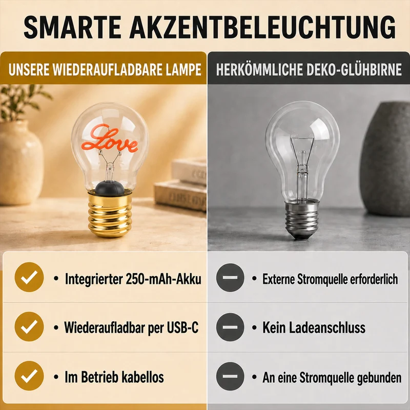 LIVMORE LED-Dekoleuchte in Glühbirnenform mit Herzmotiv, USB-C-aufladbar, 6,5x12cm, Rosa