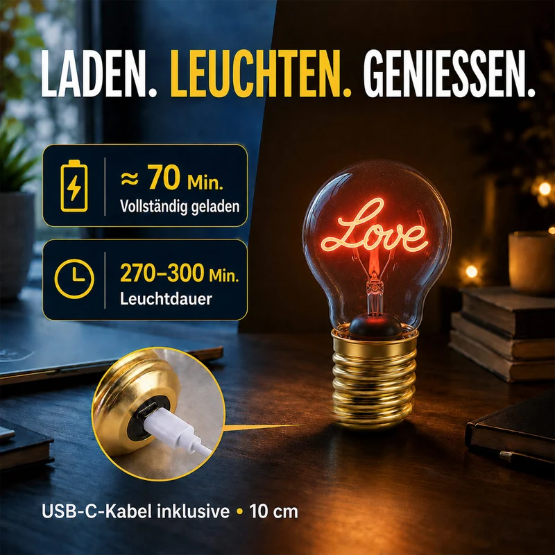 LIVMORE LED-Dekoleuchte in Glühbirnenform mit Herzmotiv, USB-C-aufladbar, 6,5x12cm, Rosa