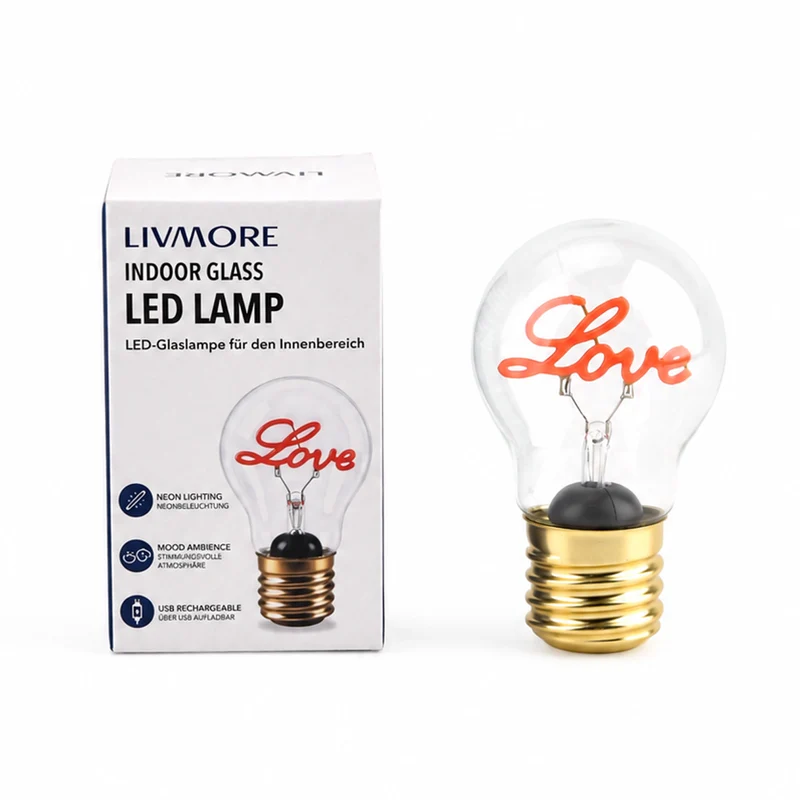 LIVMORE LED-Dekoleuchte in Glühbirnenform mit Herzmotiv, USB-C-aufladbar, 6,5x12cm, Rosa