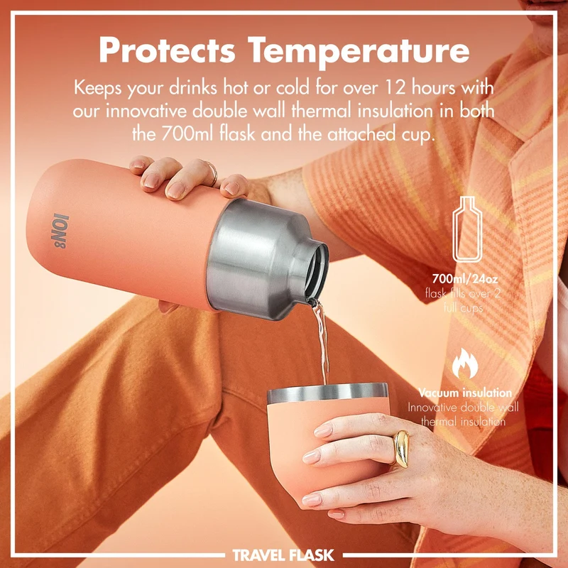 ION8 Luma Vacuum Insulated, Flask & Mug, Coral, 700ml (24oz)