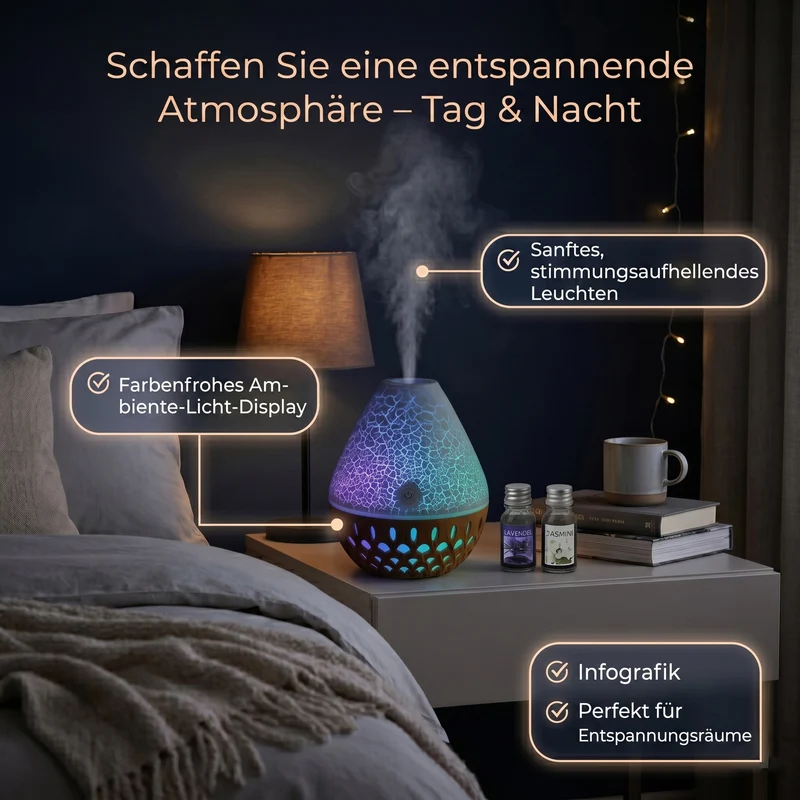 LIVMORE Vulcano Luftbefeuchter und Aromadiffusor mit 7 ätherischen Ölen, LED Farbwechsel, 200ml, Kaffee