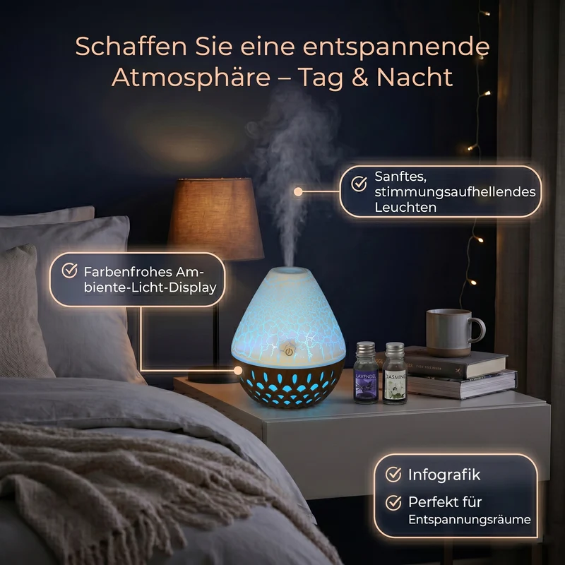 LIVMORE Vulcano Luftbefeuchter und Aromadiffusor mit 7 ätherischen Ölen, LED Farbwechsel, 200ml, Kaffee