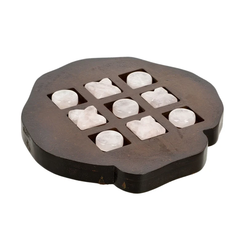 Tic Tac Toe Spiel mit Rosenquarz-Steinen und Holzbrett, ca. 9-teiliges Set