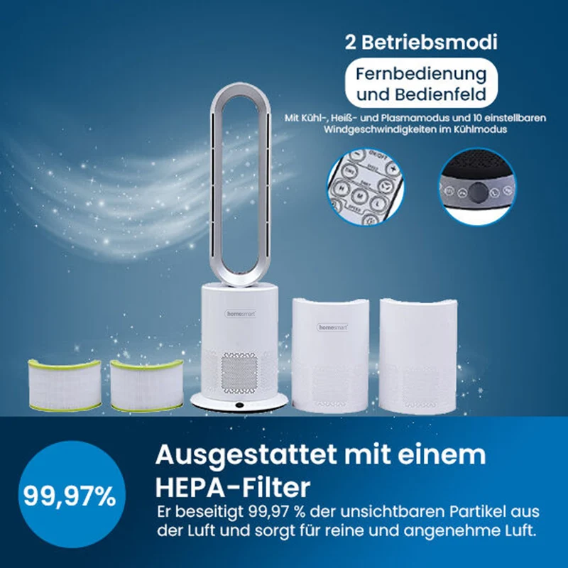 5 in 1 Luftdoktor - Luftreiniger/Ventilator ohne Lüfterflügel mit HEPA Filter, Weiß und Silber