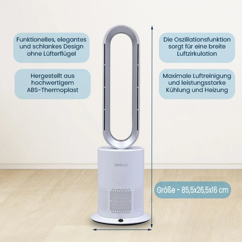 5 in 1 Luftdoktor - Luftreiniger/Ventilator ohne Lüfterflügel mit HEPA Filter, Weiß und Silber