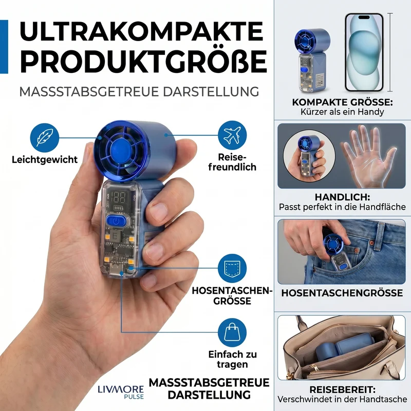LIVMORE Hochgeschwindigkeits-Taschenventilator, LED-Licht, 3000mAh Akku, 6 Geschwindigkeitsstufen, Weiß