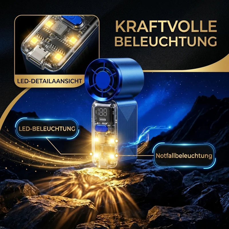 LIVMORE Hochgeschwindigkeits-Taschenventilator, LED-Licht, 3000mAh Akku, 6 Geschwindigkeitsstufen, Weiß