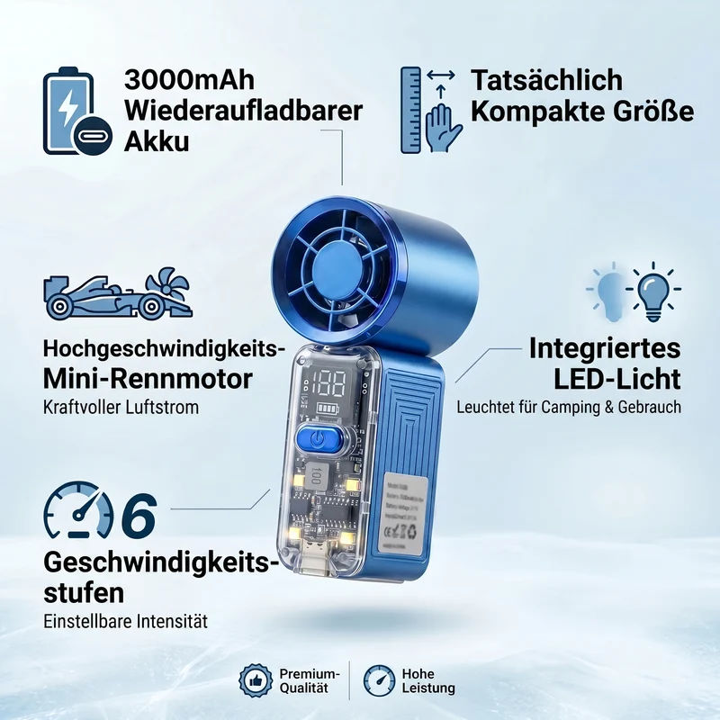 LIVMORE Hochgeschwindigkeits-Taschenventilator, LED-Licht, 3000mAh Akku, 6 Geschwindigkeitsstufen, Weiß