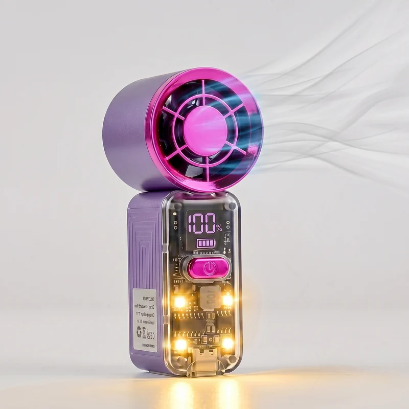 LIVMORE Hochgeschwindigkeits-Taschenventilator, LED-Licht, 3000mAh Akku, 6 Geschwindigkeitsstufen, Weiß