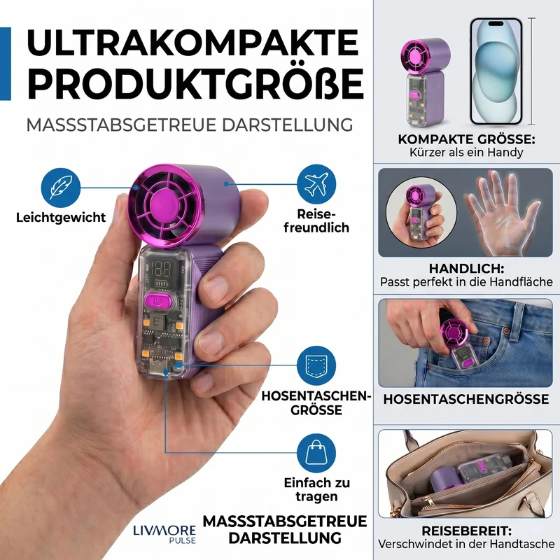 LIVMORE Hochgeschwindigkeits-Taschenventilator, LED-Licht, 3000mAh Akku, 6 Geschwindigkeitsstufen, Weiß
