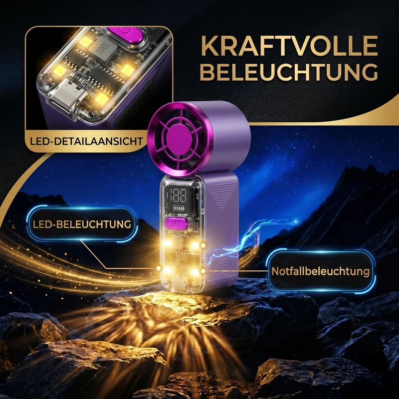 LIVMORE Hochgeschwindigkeits-Taschenventilator, LED-Licht, 3000mAh Akku, 6 Geschwindigkeitsstufen, Weiß