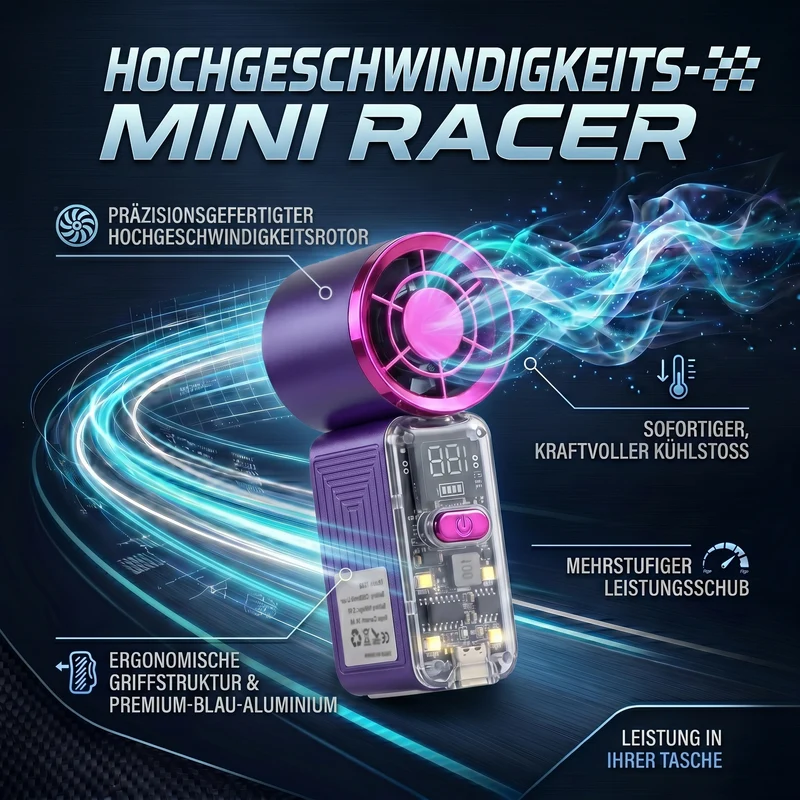 LIVMORE Hochgeschwindigkeits-Taschenventilator, LED-Licht, 3000mAh Akku, 6 Geschwindigkeitsstufen, Weiß