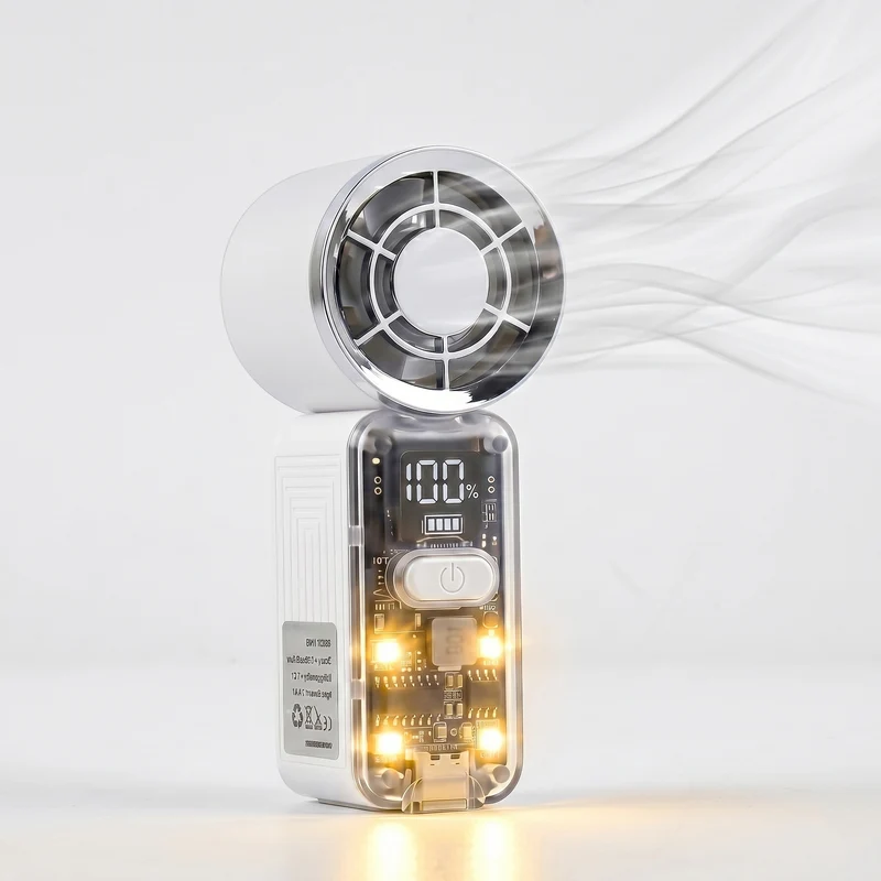 LIVMORE Hochgeschwindigkeits-Taschenventilator, LED-Licht, 3000mAh Akku, 6 Geschwindigkeitsstufen, Weiß