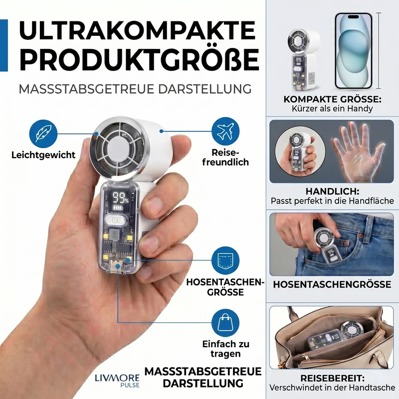 LIVMORE Hochgeschwindigkeits-Taschenventilator, LED-Licht, 3000mAh Akku, 6 Geschwindigkeitsstufen, Weiß