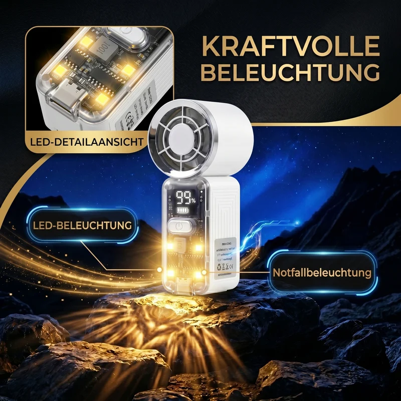 LIVMORE Hochgeschwindigkeits-Taschenventilator, LED-Licht, 3000mAh Akku, 6 Geschwindigkeitsstufen, Weiß