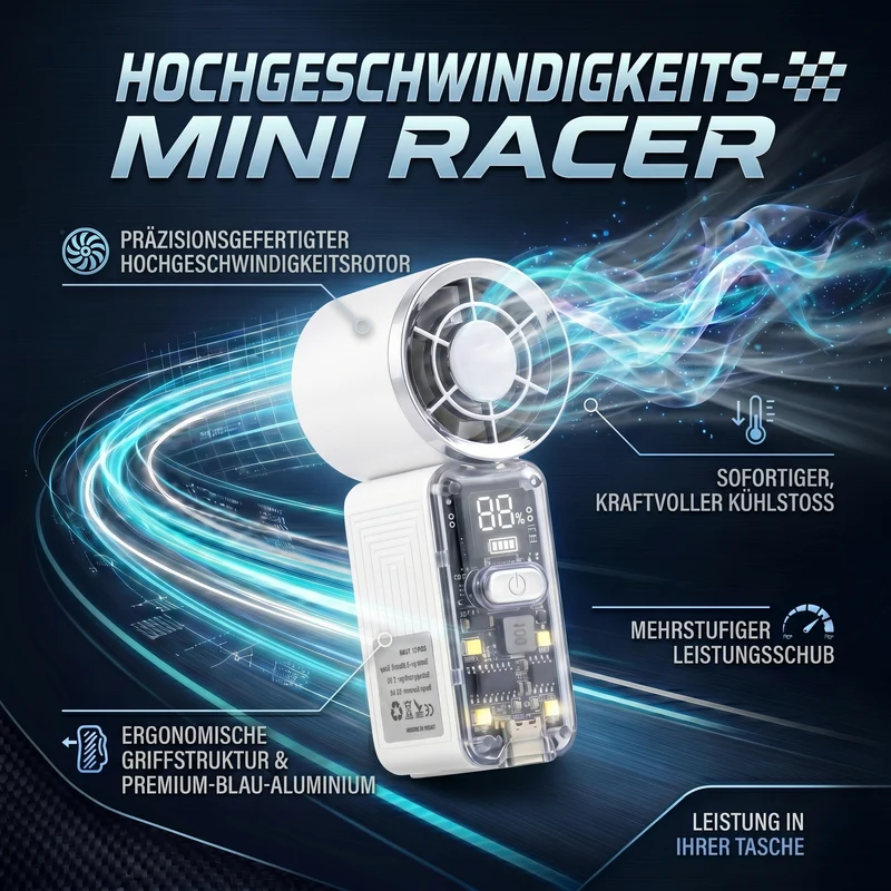 LIVMORE Hochgeschwindigkeits-Taschenventilator, LED-Licht, 3000mAh Akku, 6 Geschwindigkeitsstufen, Weiß