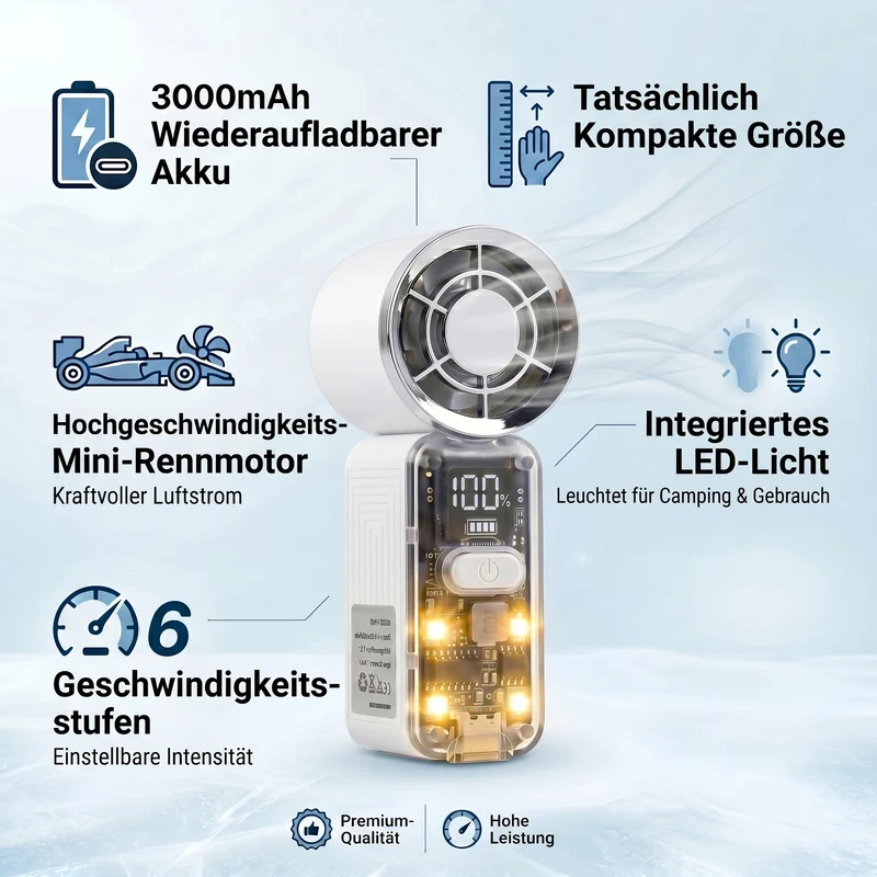 LIVMORE Hochgeschwindigkeits-Taschenventilator, LED-Licht, 3000mAh Akku, 6 Geschwindigkeitsstufen, Weiß