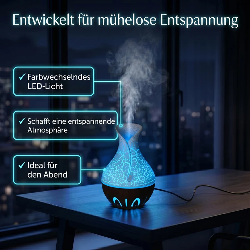 LIVMORE Luftbefeuchter und Aromadiffusor mit 7 ätherischen Ölen, LED Farbwechsel, 200 ml, Kaffee