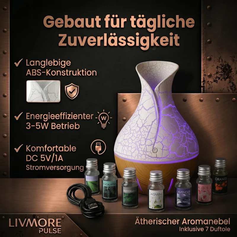 LIVMORE Luftbefeuchter und Aromadiffusor mit 7 ätherischen Ölen, LED Farbwechsel, 200 ml, Kaffee