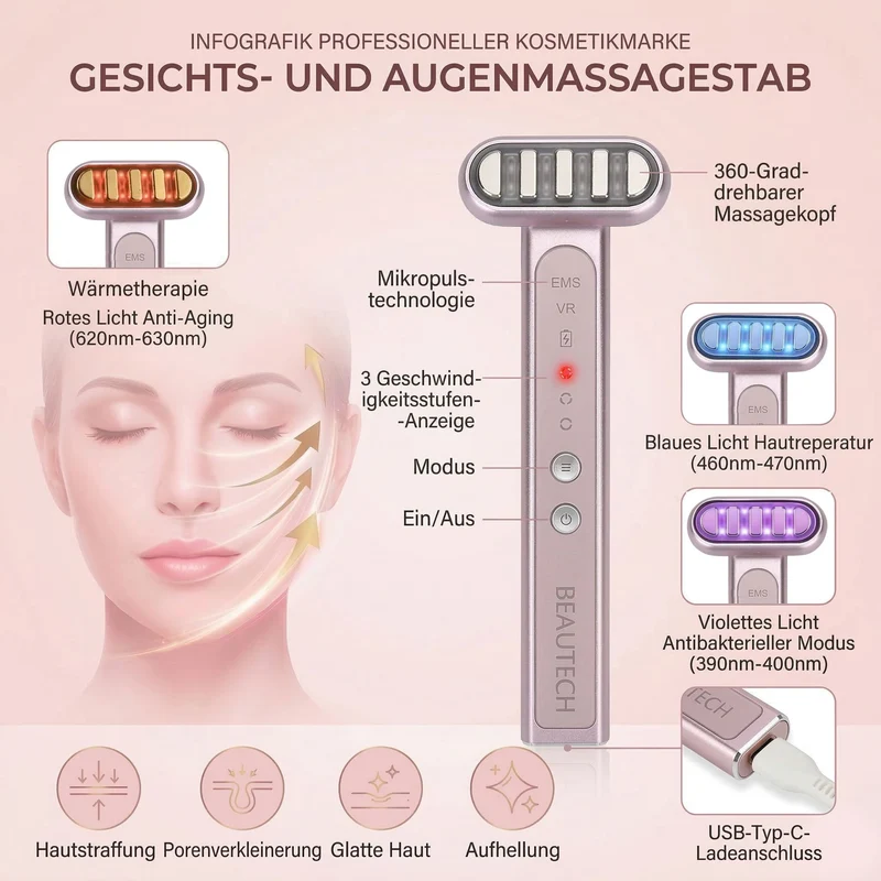 BEAUTECH Gesichts und Augenmassagegerät, leicht, Rosa