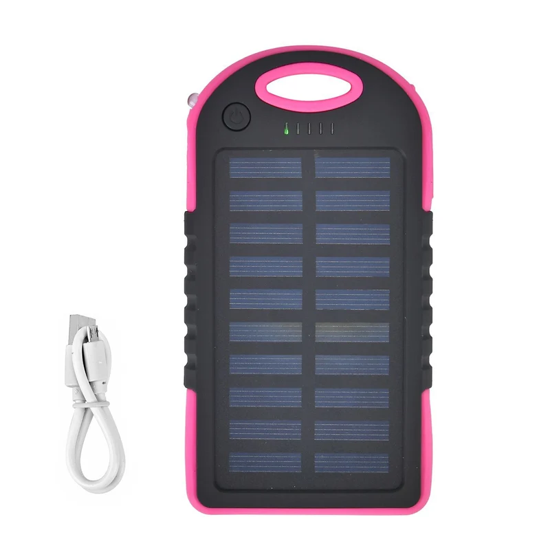 Multifunktionale Solar-Powerbank mit LED-Taschenlampe und Leistungsanzeige, 5000 Mah, USB- und Micro-USB-Anschluss, Schwarz