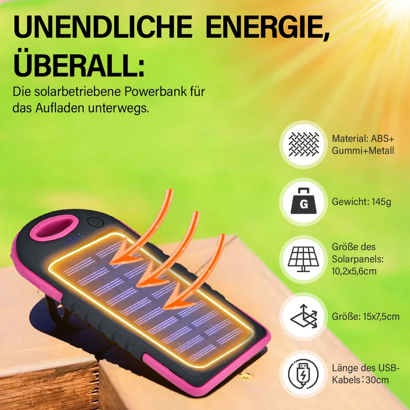 Multifunktionale Solar-Powerbank mit LED-Taschenlampe und Leistungsanzeige, 5000 Mah, USB- und Micro-USB-Anschluss, Schwarz