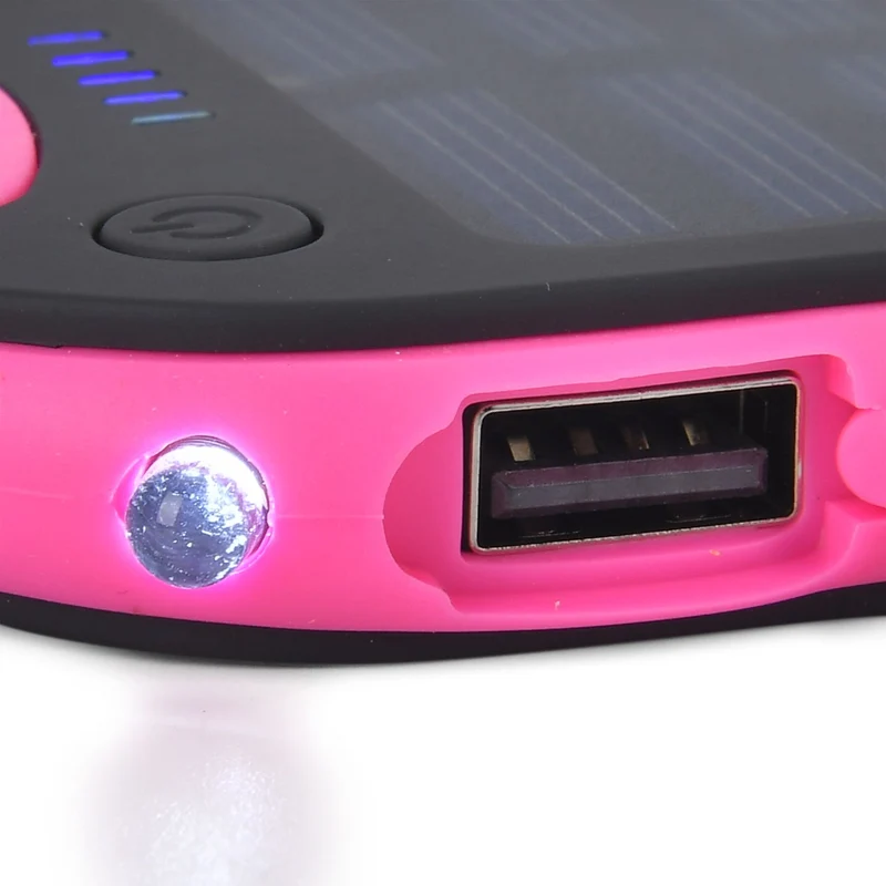 Multifunktionale Solar-Powerbank mit LED-Taschenlampe und Leistungsanzeige, 5000 Mah, USB- und Micro-USB-Anschluss, Schwarz
