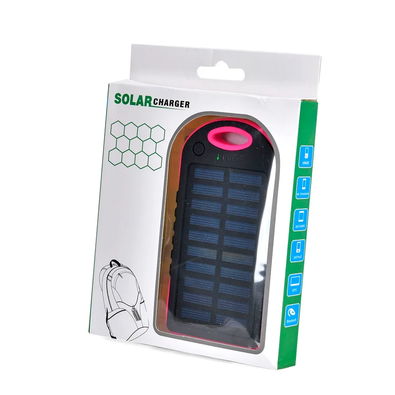 Multifunktionale Solar-Powerbank mit LED-Taschenlampe und Leistungsanzeige, 5000 Mah, USB- und Micro-USB-Anschluss, Schwarz