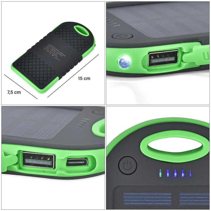 Multifunktionale Solar-Powerbank mit LED-Taschenlampe und Leistungsanzeige, 5000 Mah, USB- und Micro-USB-Anschluss, Schwarz