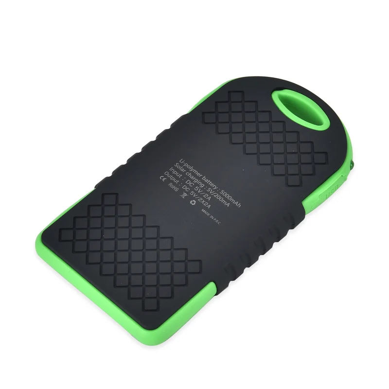 Multifunktionale Solar-Powerbank mit LED-Taschenlampe und Leistungsanzeige, 5000 Mah, USB- und Micro-USB-Anschluss, Schwarz