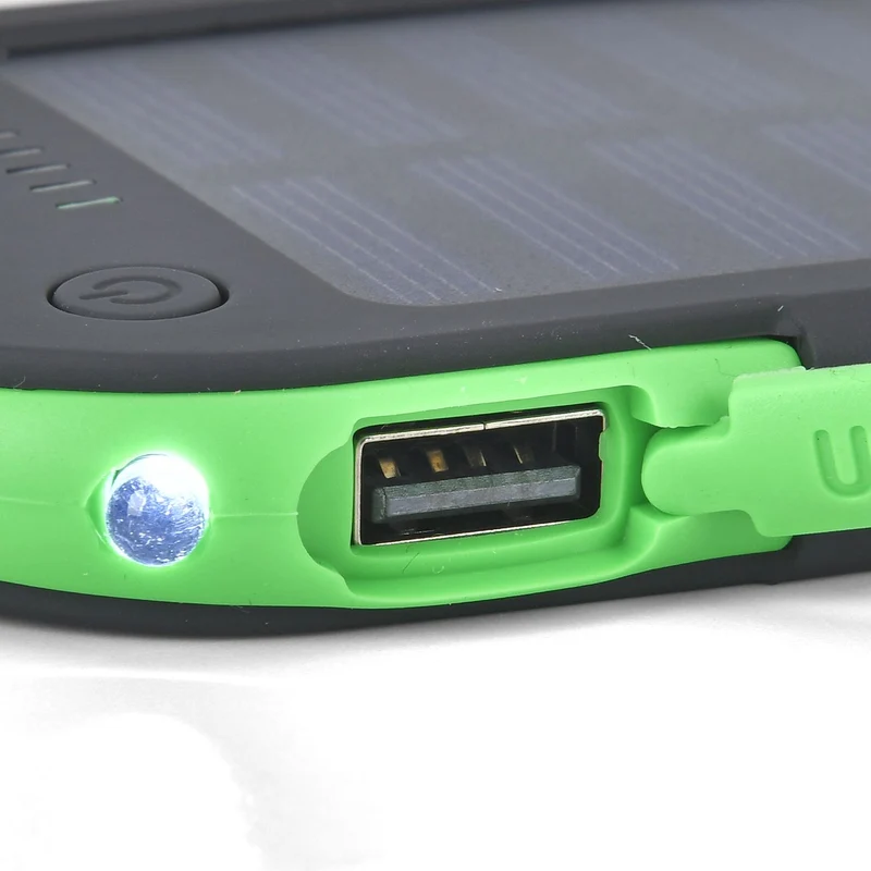 Multifunktionale Solar-Powerbank mit LED-Taschenlampe und Leistungsanzeige, 5000 Mah, USB- und Micro-USB-Anschluss, Schwarz