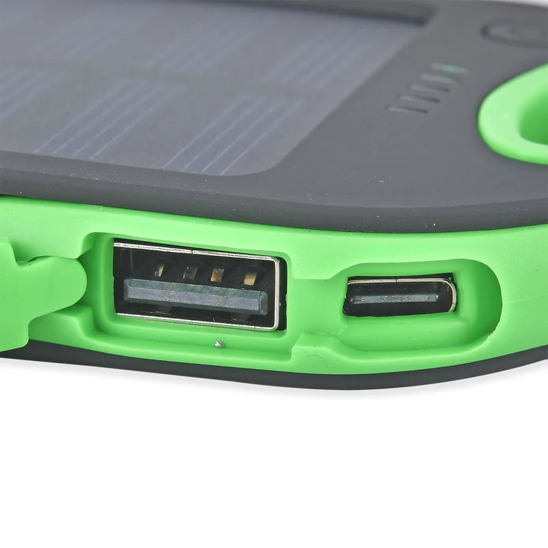 Multifunktionale Solar-Powerbank mit LED-Taschenlampe und Leistungsanzeige, 5000 Mah, USB- und Micro-USB-Anschluss, Schwarz