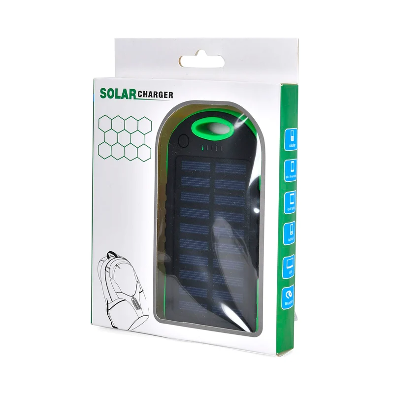 Multifunktionale Solar-Powerbank mit LED-Taschenlampe und Leistungsanzeige, 5000 Mah, USB- und Micro-USB-Anschluss, Schwarz