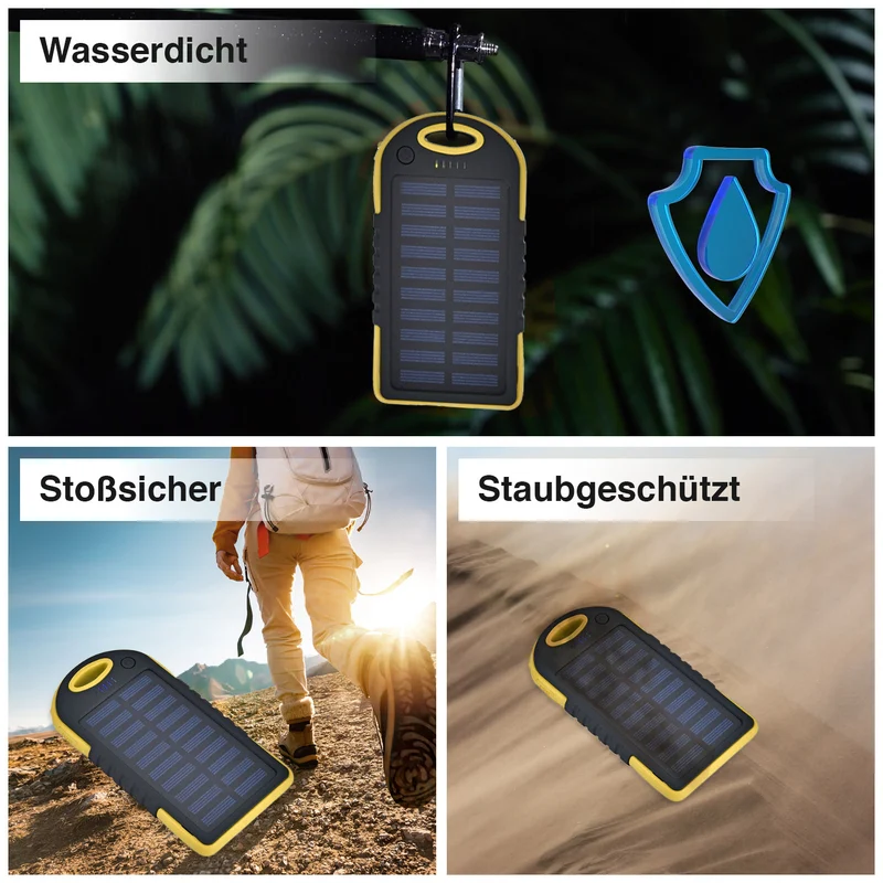 Multifunktionale Solar-Powerbank mit LED-Taschenlampe und Leistungsanzeige, 5000 Mah, USB- und Micro-USB-Anschluss, Schwarz