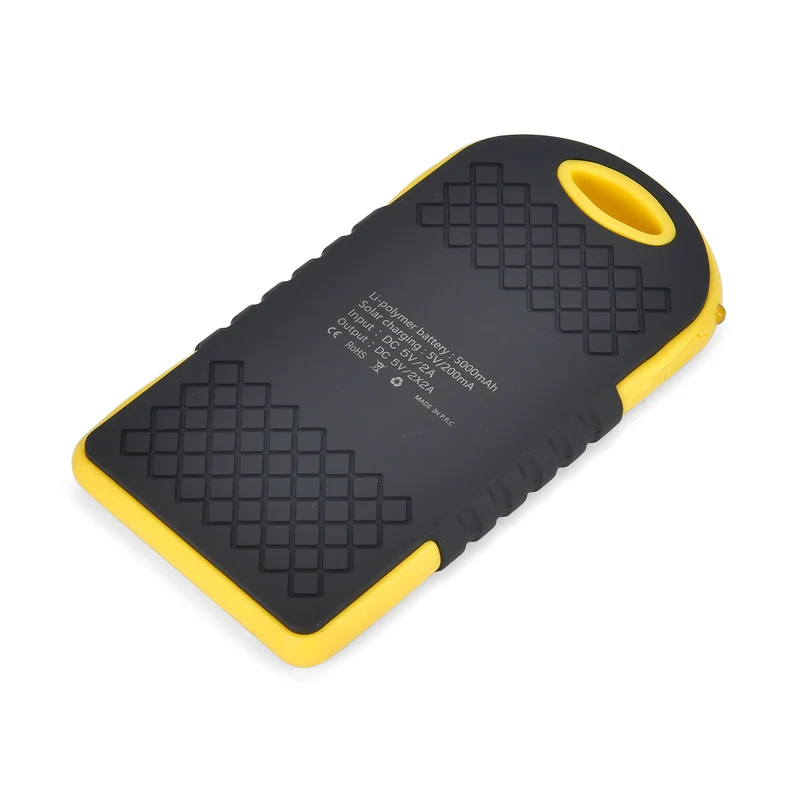 Multifunktionale Solar-Powerbank mit LED-Taschenlampe und Leistungsanzeige, 5000 Mah, USB- und Micro-USB-Anschluss, Schwarz
