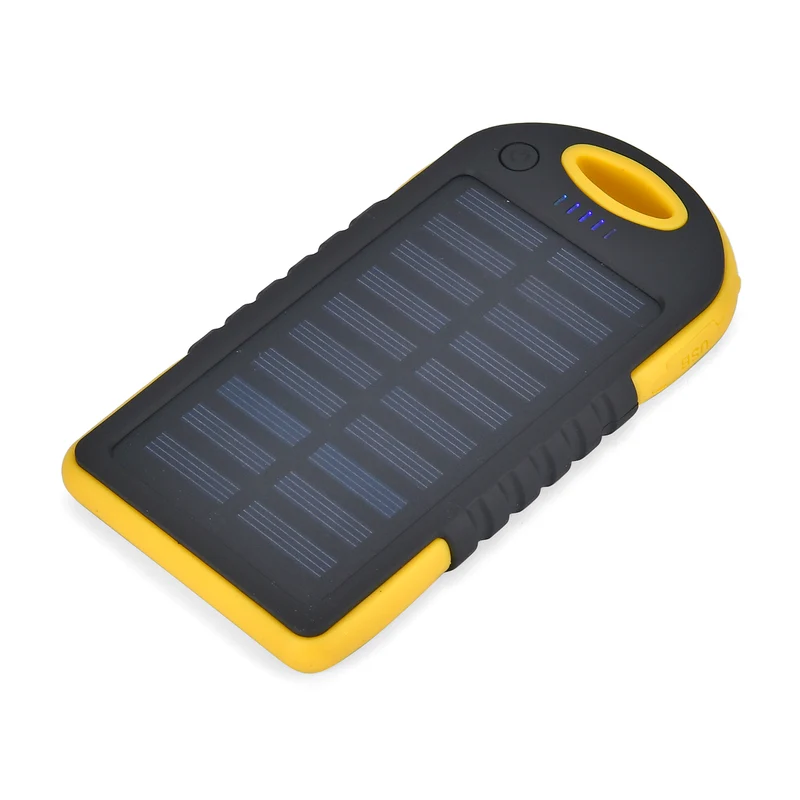 Multifunktionale Solar-Powerbank mit LED-Taschenlampe und Leistungsanzeige, 5000 Mah, USB- und Micro-USB-Anschluss, Schwarz
