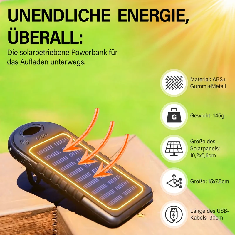 Multifunktionale Solar-Powerbank mit LED-Taschenlampe und Leistungsanzeige, 5000 Mah, USB- und Micro-USB-Anschluss, Schwarz