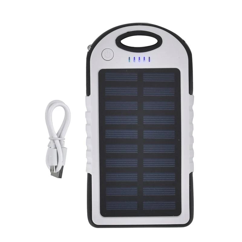 Multifunktionale Solar-Powerbank mit LED-Taschenlampe und Leistungsanzeige, 5000 Mah, USB- und Micro-USB-Anschluss, Schwarz