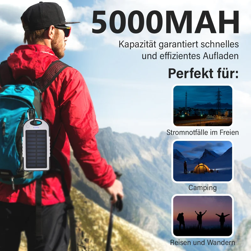 Multifunktionale Solar-Powerbank mit LED-Taschenlampe und Leistungsanzeige, 5000 Mah, USB- und Micro-USB-Anschluss, Schwarz