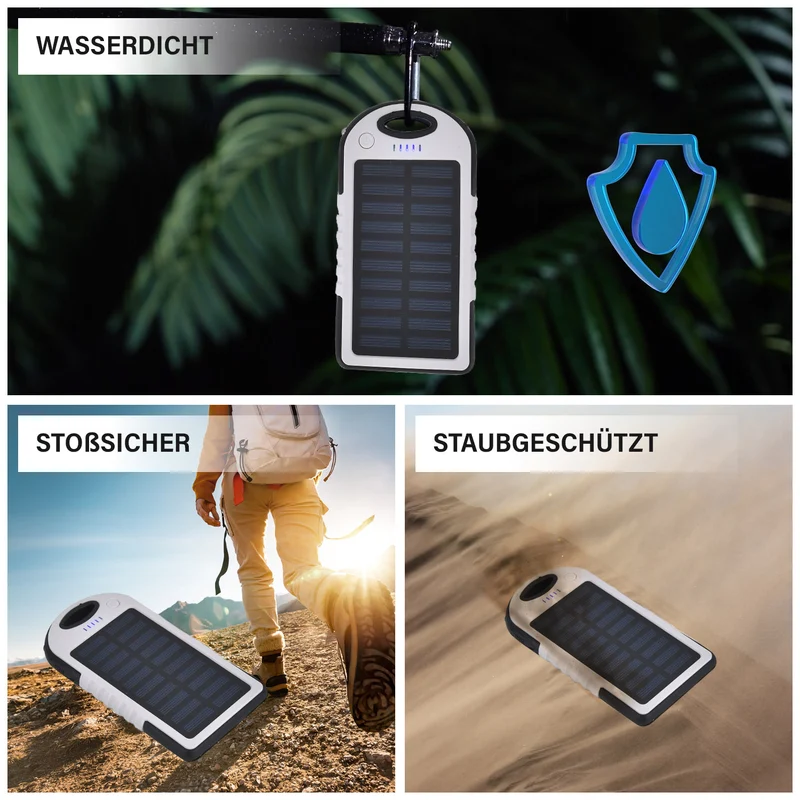 Multifunktionale Solar-Powerbank mit LED-Taschenlampe und Leistungsanzeige, 5000 Mah, USB- und Micro-USB-Anschluss, Schwarz
