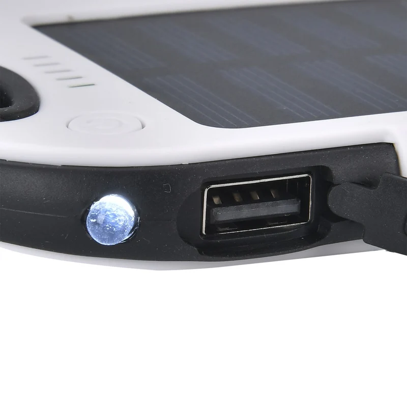 Multifunktionale Solar-Powerbank mit LED-Taschenlampe und Leistungsanzeige, 5000 Mah, USB- und Micro-USB-Anschluss, Schwarz